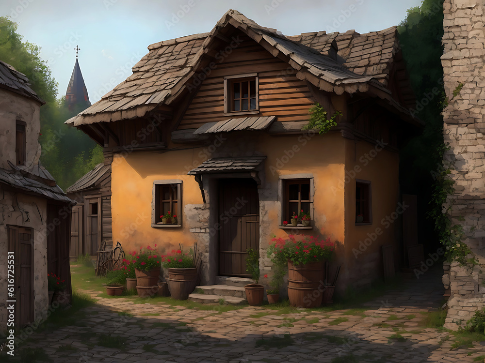 Traditional Ukrainian building in the old village in the depths of Eastern Europe Digital Painting 