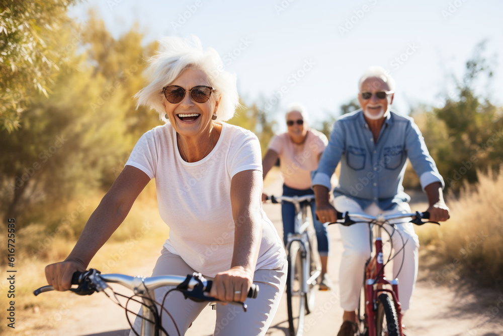 Obraz premium fictional group of seniors cycling together on a sunny day