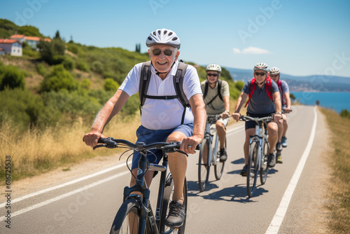 fictional group of seniors cycling together on a sunny day