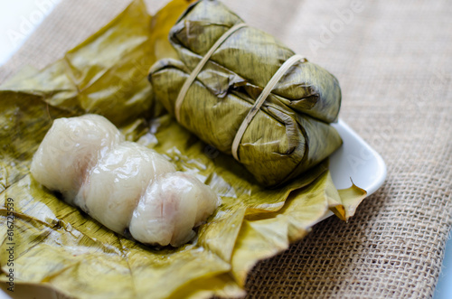 Closeup Khao Tom Mad or Dessert sticky rice. Traditional Thai desserts