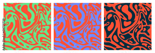 Set of wavy seamless patterns. Trippy design. Abstract vector backgrounds in psychedelic colors. Retro aesthetic.