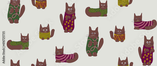 Seamless pattern funny cats in clothes. Vector illustration in cartoon style. Flat characters of cats.