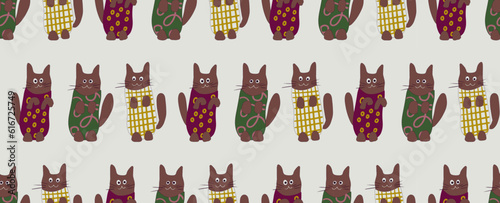 Seamless pattern funny cats in clothes. Vector illustration in cartoon style. Flat characters of cats.