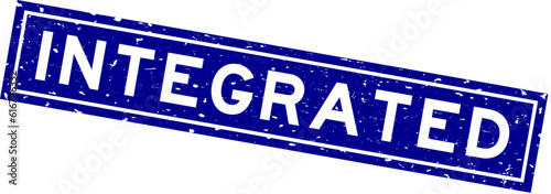 Grunge blue integrated word square rubber seal stamp on white background