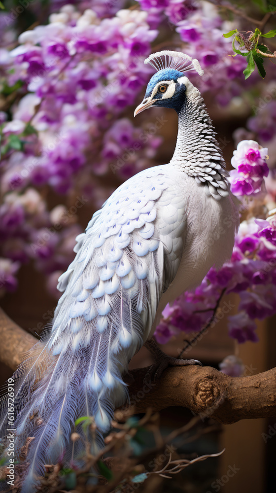 The majestic White Peacock bird in a purple lavender forest The majestic White Peacock bird in a purple lavender forest