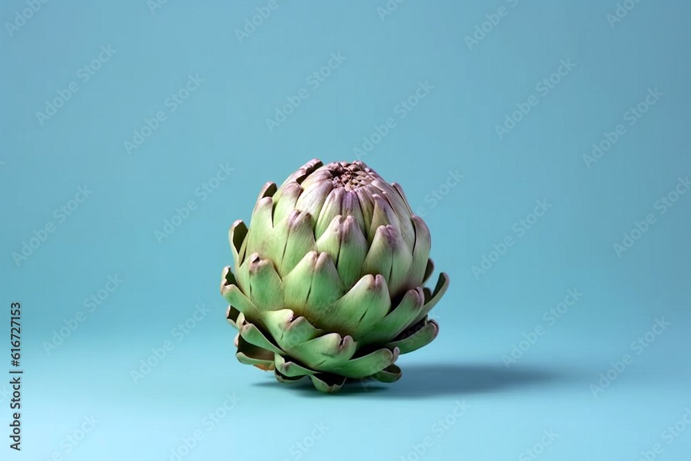 Obraz premium Artichoke flower, edible bud on pastel background, studio shot. Healthy cooking, organic vegetables, copy space for text. AI generated image