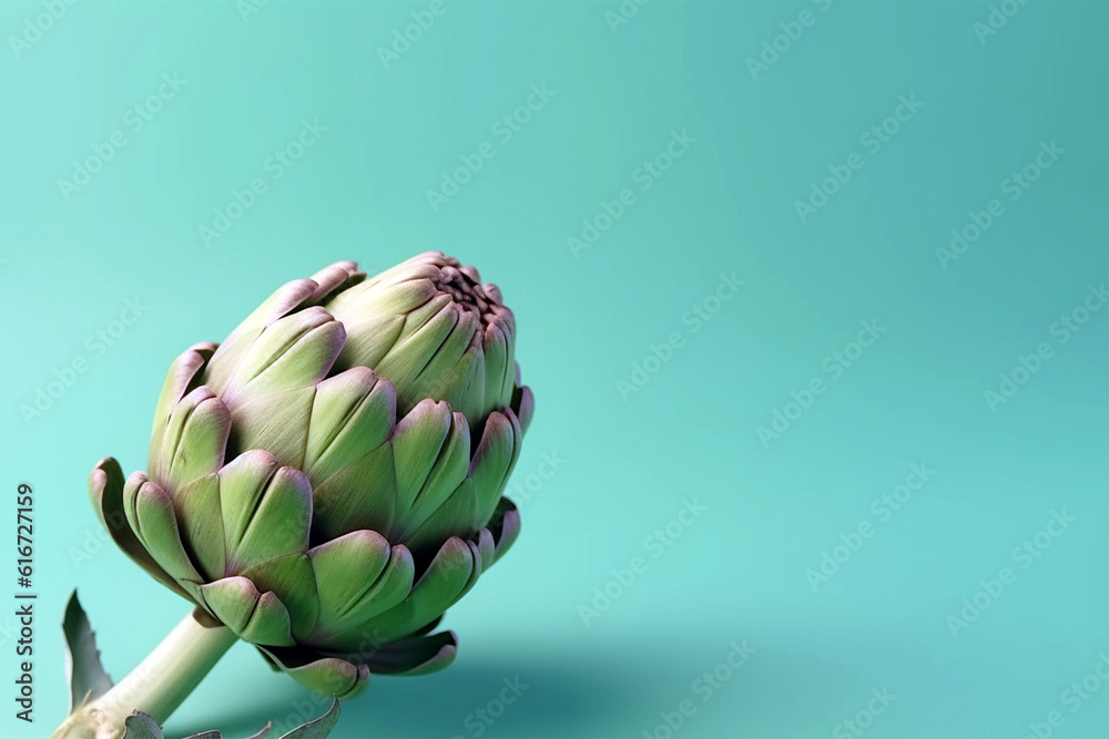 Fototapeta premium Artichoke flower, edible bud on pastel background, studio shot. Healthy cooking, organic vegetables, copy space for text. AI generated image