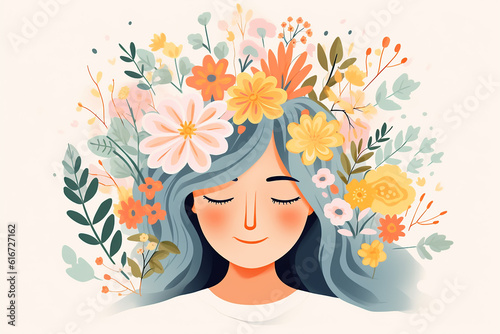 Woman with her head covered with flowers. Mental health, psychological treatment concept. Happiness and joy, dreaming. Psychology theme, thinking positive, having good thoughts in mind. AI generated