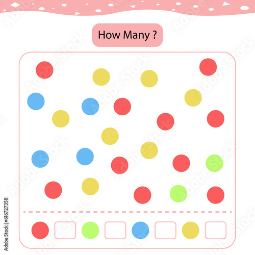 Counting game, how many color. Educational children game, printable worksheet