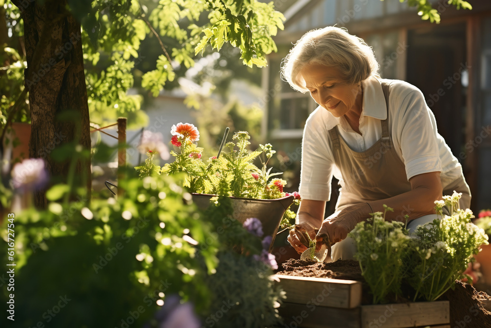 fictional senior woman gardening in her backyard on a beautiful day. fictional senior woman gardening in her backyard on a beautiful day.