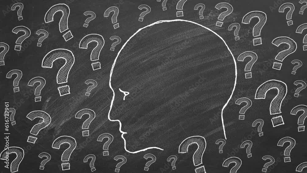 Human head with question marks. Animated Illustration on blackboard. Human head with question marks. Animated Illustration on blackboard.