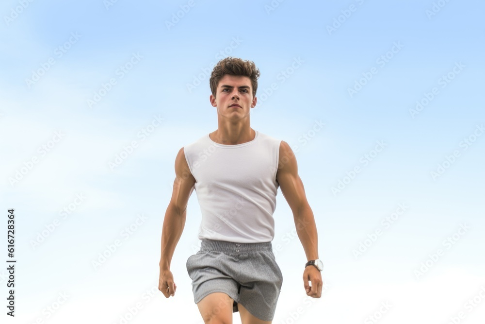 A muscular man in short and tank top walking. Generative AI illustration. A muscular man in short and tank top walking. Generative AI illustration.