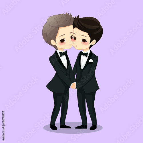 Cute Chibi Style Gay Grooms Kissing Each Other, LGBT Wedding, Gay Wedding