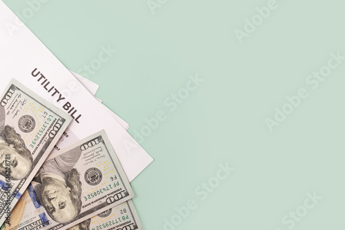 Energy bill, House utility bill with payment details, payment for electricity and gas, green background, copy space