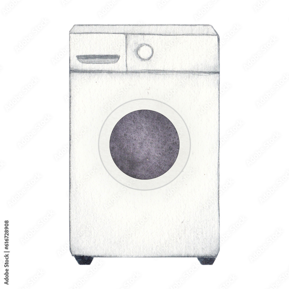 Fototapeta premium Laundry illustration. Washing machine. Watercolor on a white background. Hand drawn. For postcards