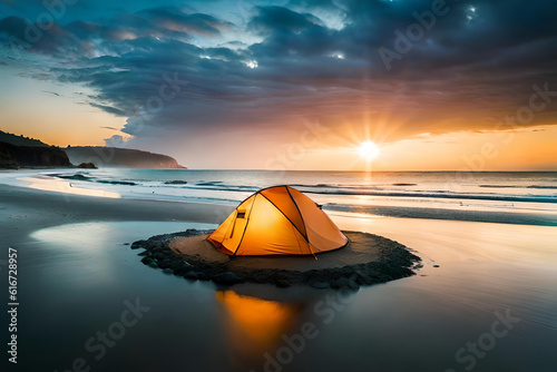 camping using tent on the beach when sunset