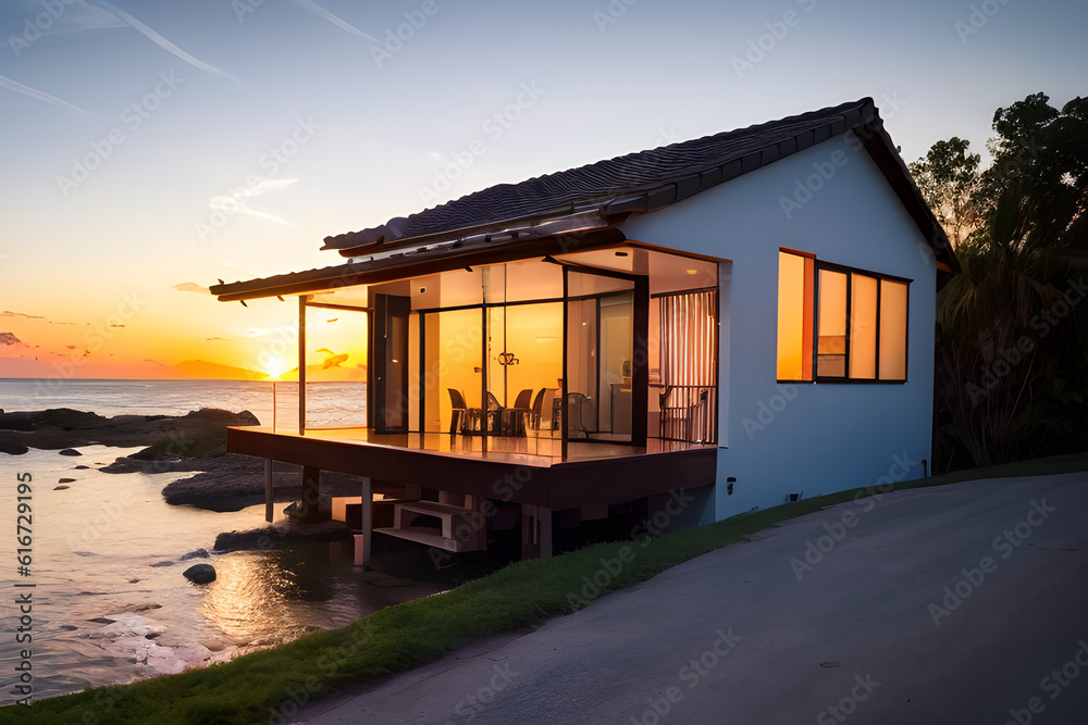 A beautiful morden house on the edge of iconic ocean sunset ai generated A beautiful morden house on the edge of iconic ocean sunset ai generated