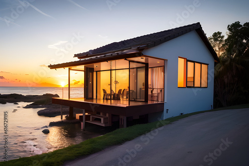 A beautiful morden house on the edge of iconic ocean sunset ai generated