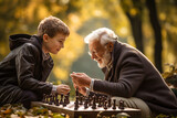 AI generated older man teaching a young boy how to play chess in the park