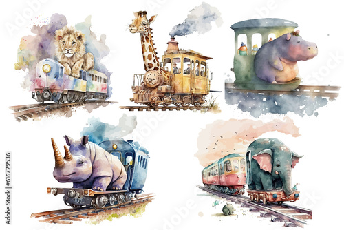 Safari Animal set lion , elephant, rhinoceros, giraffe, hippopotamus on the train in watercolor style. Isolated vector illustration