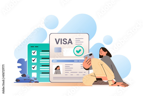 woman traveler getting immigration visa document for leaving country vacation trip offer access travel approval photo