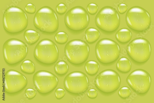 Green tea liquid gel serum drop. Cosmetic oil transparent texture. Bubbled cream swatch 3d realistic top view.