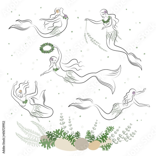 Mermaid silhouette. Beautiful girls swim in the water, dance. The lady is young and slim. Fantastic fairy tale image of algae, plants. vector illustration set.