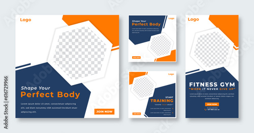 Gym Fitness Social Media Post for Online Marketing Promotion Banner, Story and Web Internet Ads Flyer