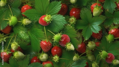 Ripe strawberries with leaves close up as a background. Generative AI