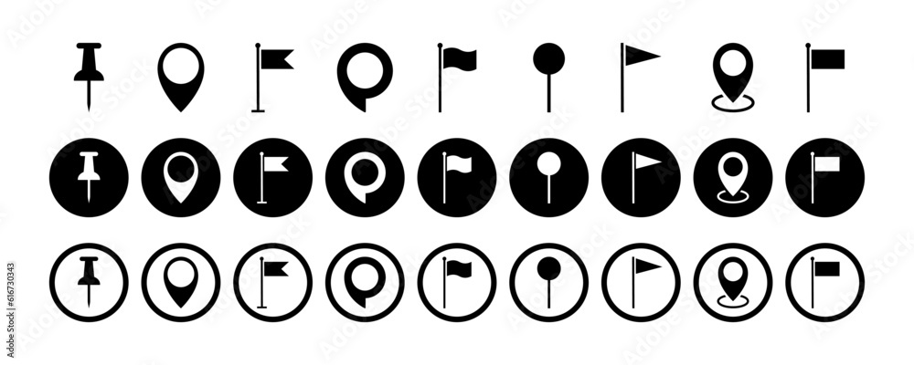 Set of map marker, location pin, pushpin and pointer flag. Navigation sign. Vector 10 Eps.