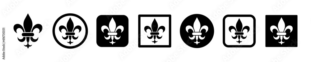 Set of fleur de lis vector icons. Floral ornament. Black heraldic ornament. Lily flower symbol. - obrazy, fototapety, plakaty 
