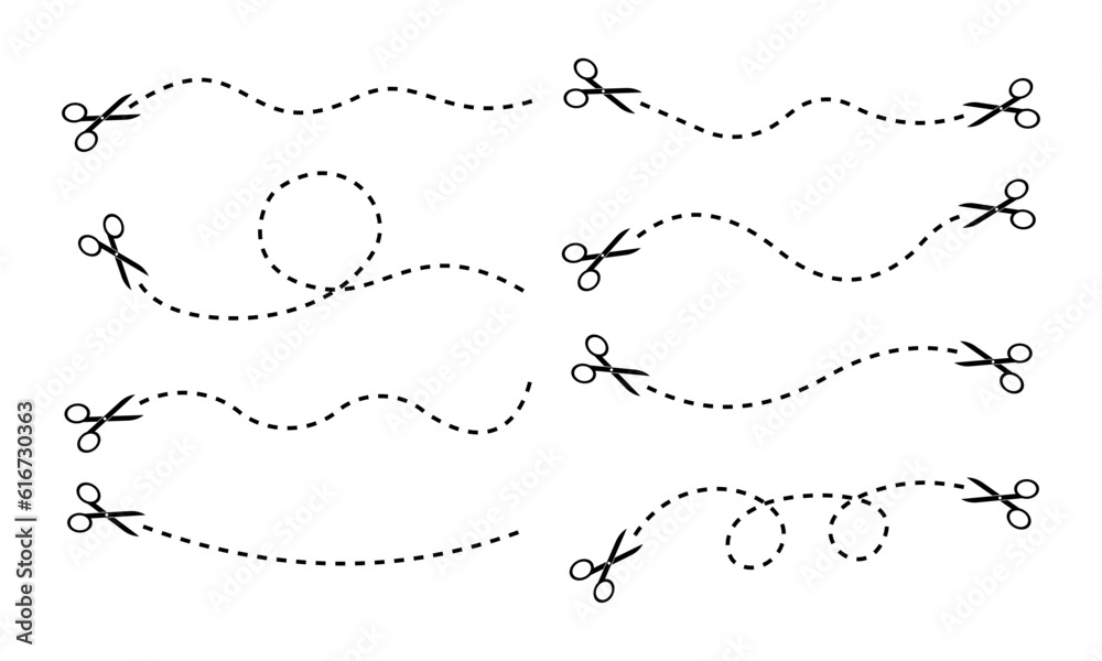 Set of scissors with cut dotted lines. Cutting dashed line to scissors. Vector 10 Eps.