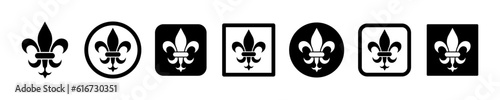 Set of fleur de lis vector icons. Floral ornament. Black heraldic ornament. Lily flower symbol.
