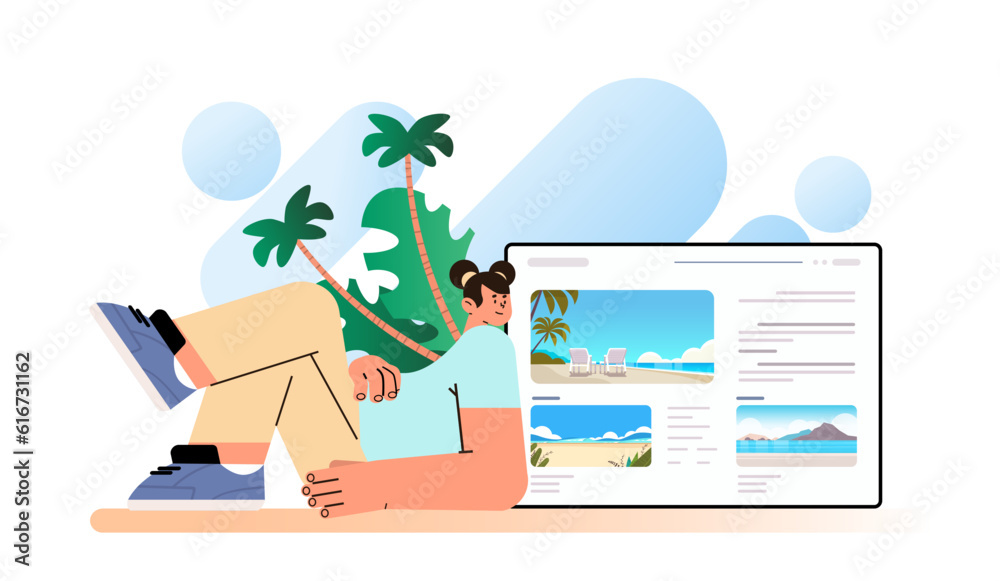 Obraz premium woman choosing and ordering tour online beach resort packages resting on sand beach at seacaost summer vacation