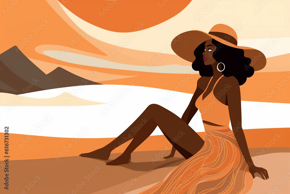 black woman beach relax beige young hat concept tanned summer vacation. Generative AI.