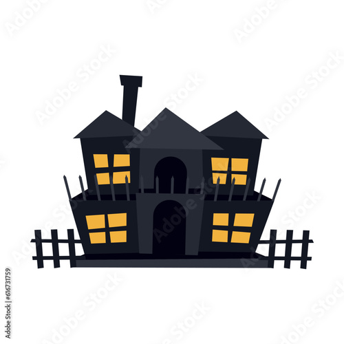 Creepy haunted house for halloween. A scary castle with windows and a roof. Old dark ruined building for ghosts. Flat vector illustration