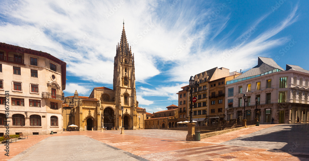  Oviedo, Spain - July 21. 2019: Cathedral of San Salvador in Oviedo