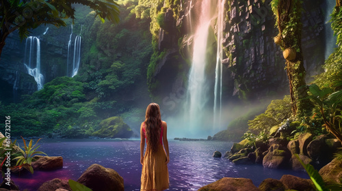 Woman looking at tropical waterfall. Generative Ai