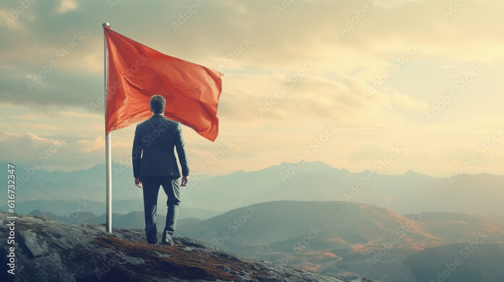 Obraz premium Businessman with flag standing on mountain top. Generative Ai