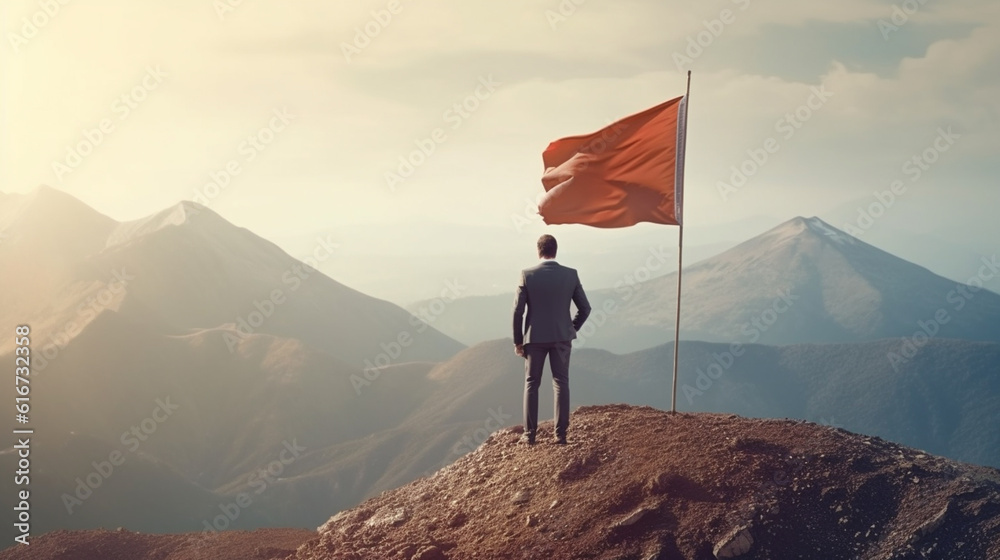 Obraz premium Businessman with flag standing on mountain top. Generative Ai