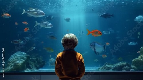  Boy watching fish in the aquarium. Generative Ai © andranik123