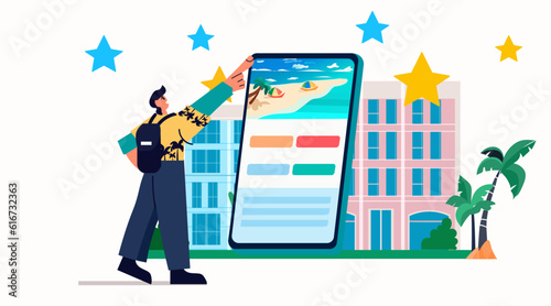man tourist with baggage using mobile app searching and booking hotels online summer vacation holiday time to travel concept