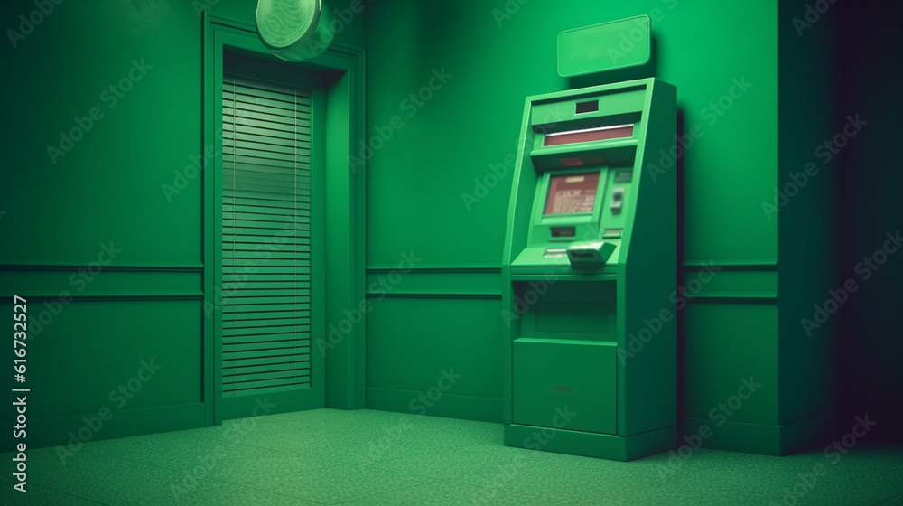 Bank ATM on green wall. Generative Ai