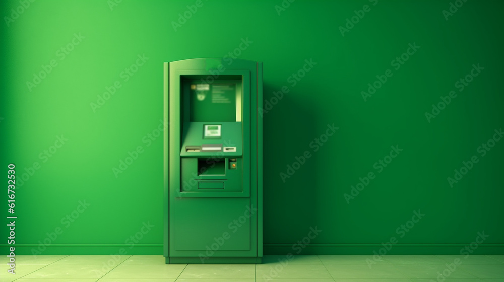 Bank ATM on green wall. Generative Ai Bank ATM on green wall. Generative Ai