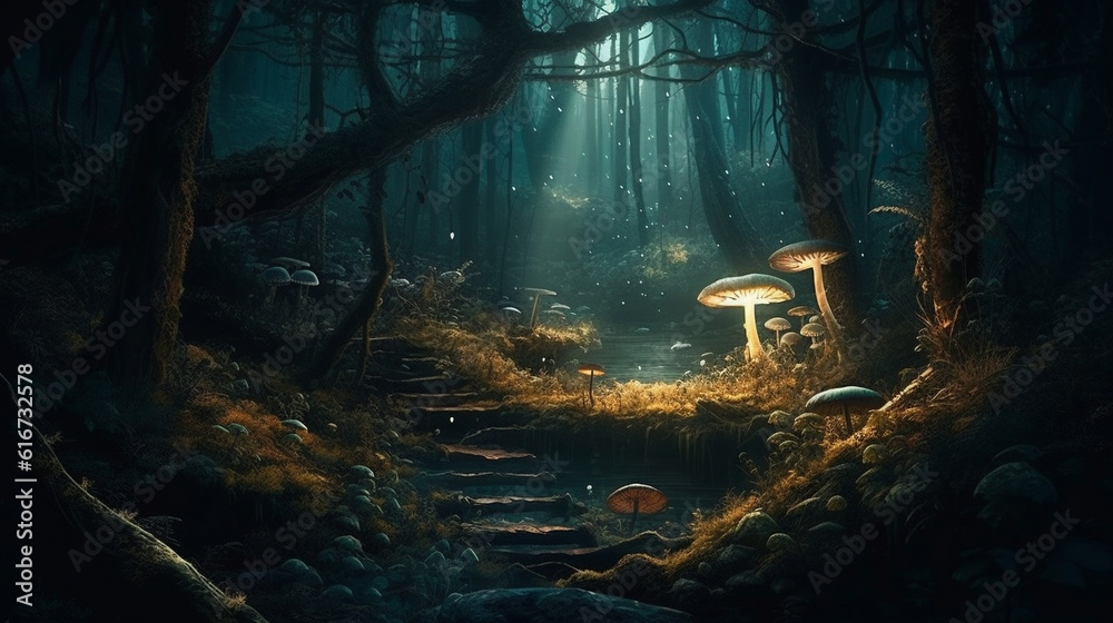 Magical fantasy fairy tale scenery, night in a forest, Generative AI