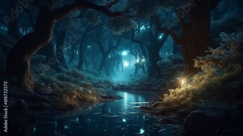 Magical fantasy fairy tale scenery  night in a forest  Generative AI