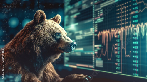 Bear looking at computer monitor with stock market data. Generative Ai