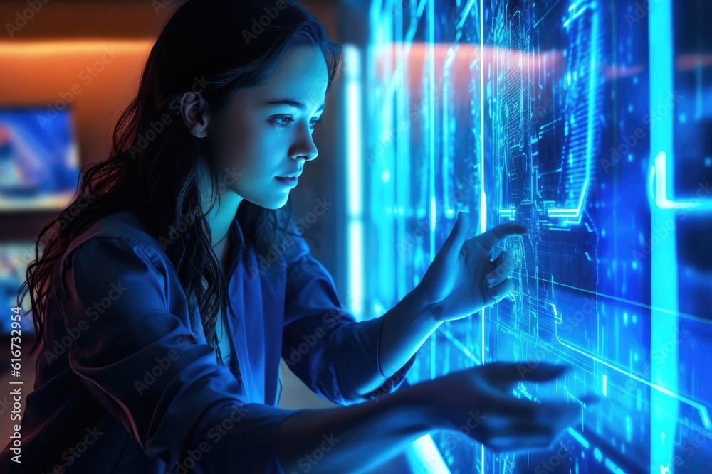 A monochromatic shot of a woman interacting with a large, holographic touchscreen. Generative AI A monochromatic shot of a woman interacting with a large, holographic touchscreen. Generative AI