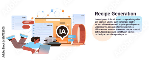 woman culinary influencer making diet food content in computer app with ai helper bot recipe generation concept