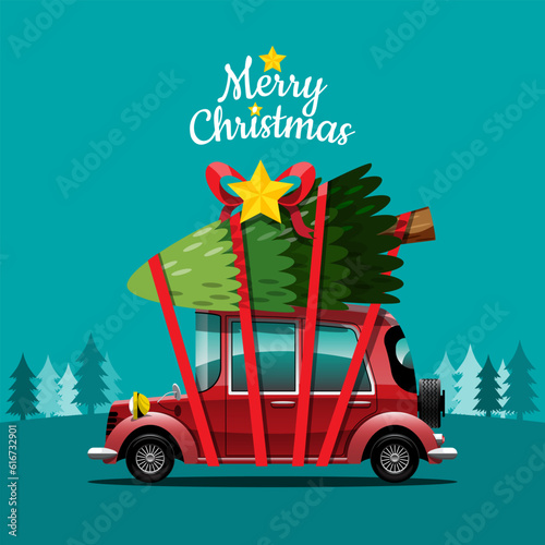 Merry Christmas Vector illustration Retro pickup truck Vintage style with christmas tree.